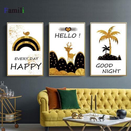 Nordic Abstract Geometric Mountain Landscape Wall Art Canvas Painting Golden Deer Art Poster Print Wall Picture for Living Room