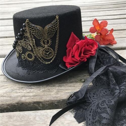 Retro Women Handmade Steampunk Top Hat With Metal Gear and Flower Stage Magic Hat Cosplay Hat Size 57CM Steampunk Hat