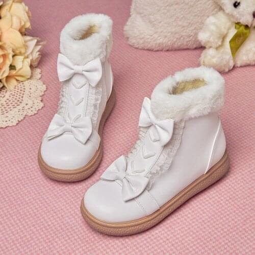 Womens Round Toe Bowknot Ankle Boots Platform Shoes Thick Lolita Sweet Cosplay X-mas Gift Girls Size 28-43