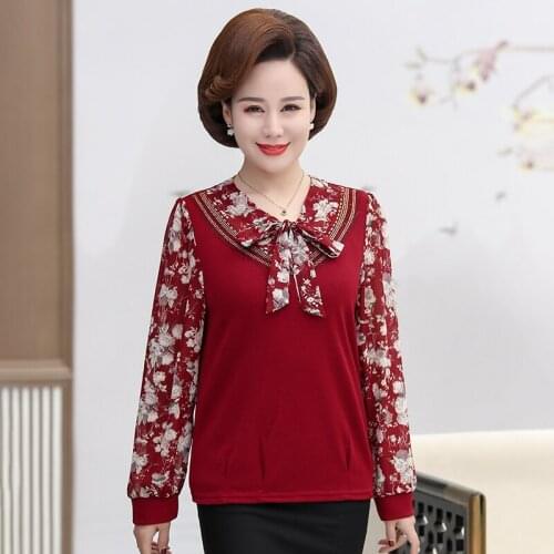 Bow Tie Women Long Sleeve T-Shirts Bottom Pullovers Middle Aged Mother Spring Autumn Clothing Chiffon Sleeve Floral Tee Tops 5XL