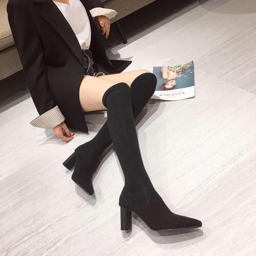 Women Over The Knee Sock Boots Fashion Pointed Toe Elastic Fabric Solid Autumn Winter Knee High Boots Thick High Heels Boots