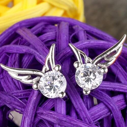 Top Luxury Brand Fashion 1 Pair Women Earrings Women Silver Plated Jewelry Angel Wing Dazzling Rhinestone Stud Earrings Gifts