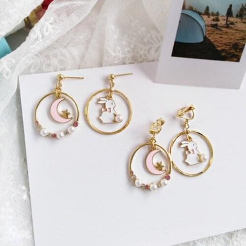 1Pair Cute Rabbit Drop Earring Korea Fashion Enamel Graze Oil Women Dangle Earrings Moon Star Asymmetry Girl Sweet Jewelry