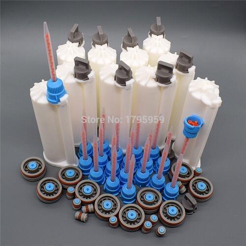 10pcs 10:1 AB Glue Empty Dual Cartridge 50ml Epoxy Resin Dispenser Cartridge 20pcs 10:1 Static Mixer Mixing Nozzle with Pistons