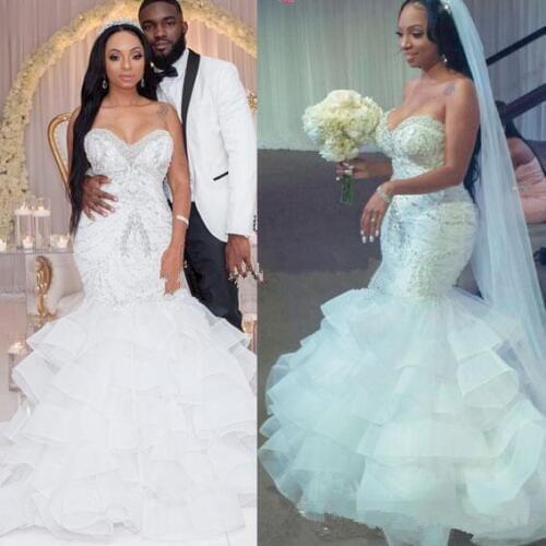 2021 Sexy Mermaid Wedding Dresses Sweetheart Crystal Pearls Beaded Embroidery Ruffled Layered Nigerian Bridal Wedding Gowns