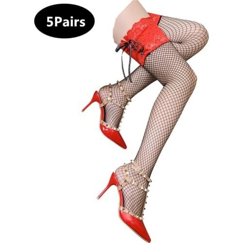 5Pairs Sexy Fishnet Nylon Mesh Stockings Women Thigh High Lace Top Detail Over Knee See Through 0402