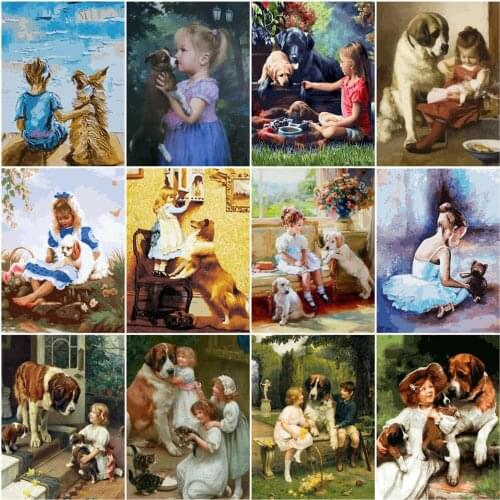AZQSD Paint By Numbers Adults Girl With Dog Acrylic Modern Wall Art Oil Painting By Numbers Figure Kits Handmade Room Decoration