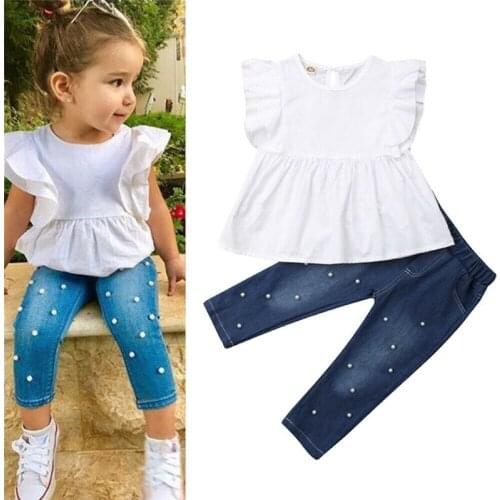 White Ruffle Flounce Sleeveless Top Pearl Denim Pants 2Pcs Outfit Toddler Kids Girls Clothes Set