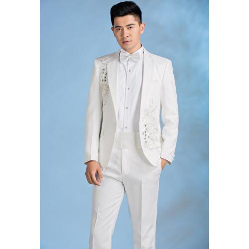 Free ship mens white/black beading embroidery tuxedo suit/event/stage performance, jacket with pants/event/studio suit