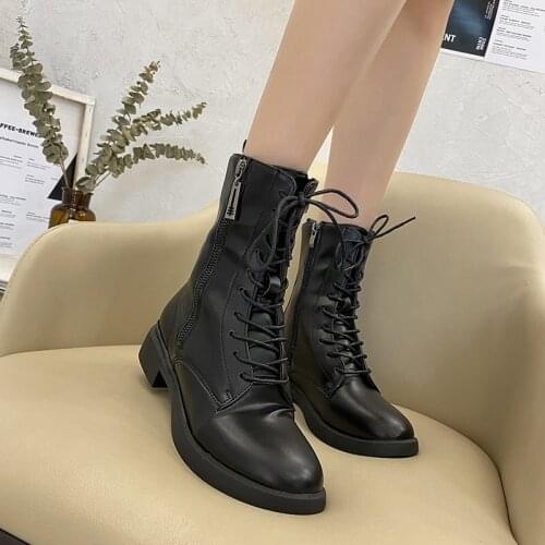 Fashion Ankle Boots Zipper Shoes Woman Square Heel Platform PU Leather Warm Boots Lace Up Women Shoes Casual Botas Mujer Girls