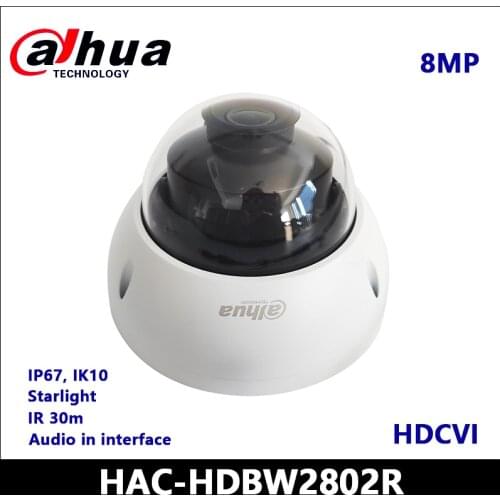 Dahua 4K Starlight HDCVI Camera IR Dome Camera HAC-HDBW2802R Audio in interface CVI/TVI/AHD/CVBS output switchable CCTV Camera