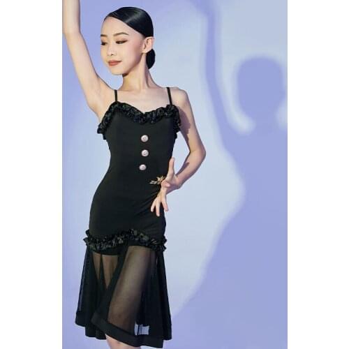 Latin Dance Competition Costume For Girls Sling Dress Mesh Hemline Practice Wear Rumba Samba Performance Stage Clothes VDB3845