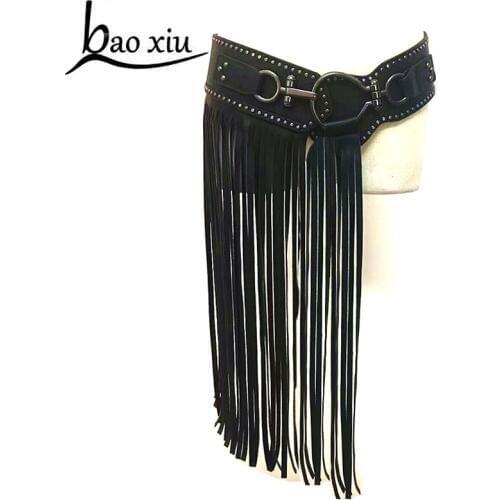 Fashion personality long tassel female belt rivet black leather wide belt women high quality exaggerated fringed brand design
