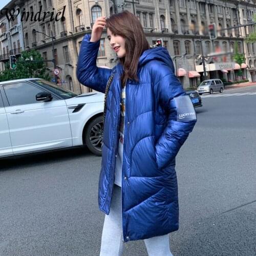 Windriel Fashion Long Coats Female Glossy Blue Warm Parkas Snow Wear Waterproof Winter Jackets Cotton Padded Clothing Big Pocket