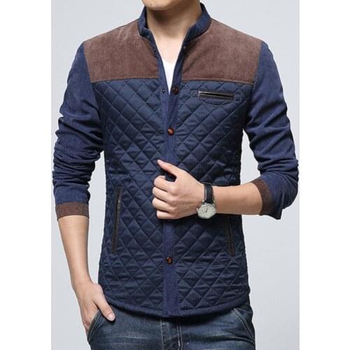 Men Stand Collar Color Block Jacket Winter Long Sleeve Buttons up Corduroy Slim Coat Warm Keeping Male Outerwear
