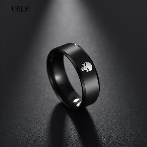 Uelf titanium stainless steel rings for men skull male finger vintage ring black punk jewelry