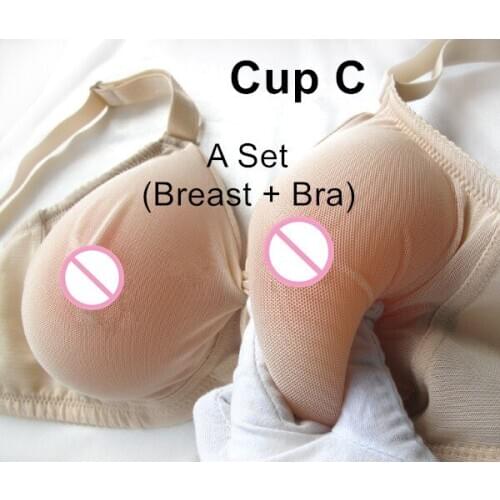 C Cup Set (A Pair 800g Teardrop Silicone Breast Form Fake Boobs+Semi-transparent Tulle Pocket Bra) For Shemale Transvestite