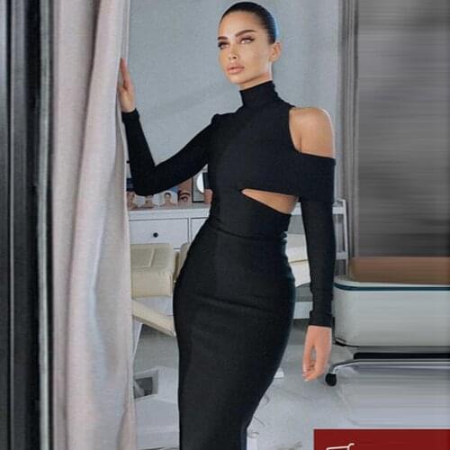 Sexy Black Hollow Bandage Dress Womens Long Sleeve Bodycon Midi Club Celebrity Evening Party Vestidos 2021 Winter Fashion New