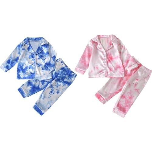 2020 New Fashion 1-7Years 2Pcs Kids Boy Girl Pajama Set Tie-Dyed Lapel Long-Sleeves Top with Button Open + Elastic Loose Pants