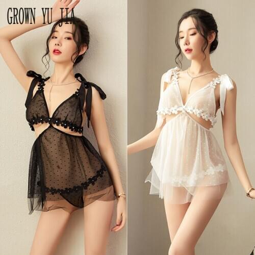 Sexy Backless Nightgown Erotic Underwear Mesh Perspective Tulle Lace Sling Skirt Intimate Nightwear Sleepwear Porno Lingerie Set