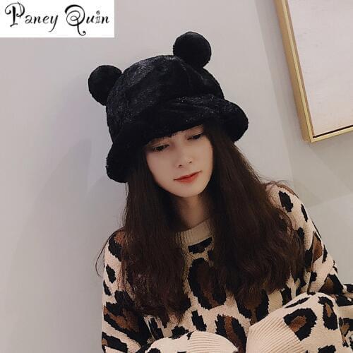 Hats Girl Winter Lovely Soft Rabbit Fur bucket hat warm floppy bucket Cap Cute double ball decoration winter hats for women
