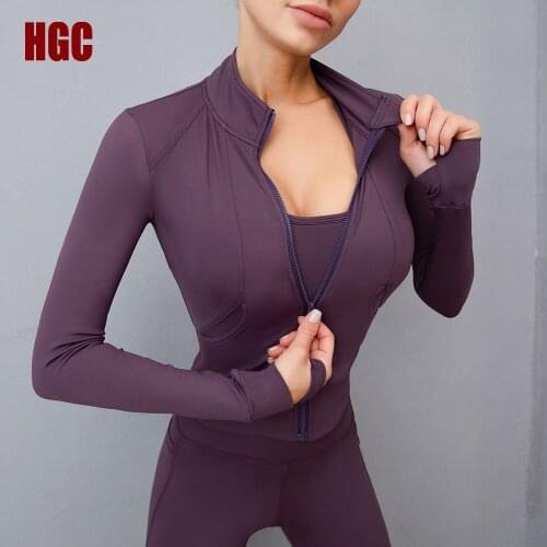 HGC Sports Jacket Zipper Long Sleeve Thumb Holes Fitness Yoga Top Women Gym Running Sportwear Elastic Pockets Slim Workout Coat