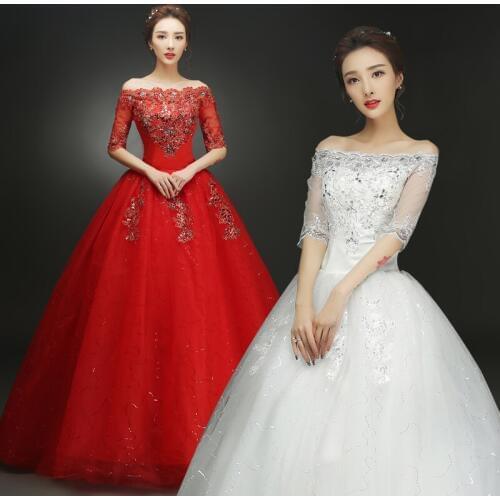 Wedding Dress Lace Up Bride Red/White Wedding Dresses Ball Gowns Princess Large Size Shoulder Dress