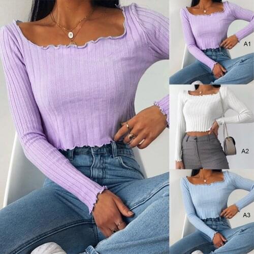 Y2k Top Fashion Autumn E girl Knitted Long Sleeve Solid Sexy Short T-Shirt Frill Casual Cotton Spring T Shirt Casual Crop Top