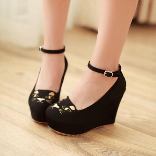 Embroidered cat fluffy ball sweet lolita shoes kawaii girl cosplay shoes korean style fashion thick bottom women shoes loli cos