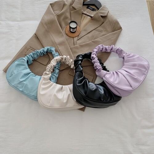 Versatile Pleated PU Leather Handbags Women Fashion Daily Snap Fastener Shoulder Bags Solid Color Mini Party Armpit Purses