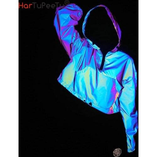 Women Reflective Hoodie 2021 Spring Autumn Night Jogger Crop Top Long Sleeve Blue Sweatshirts Colourful Drawstring Pullover Coat