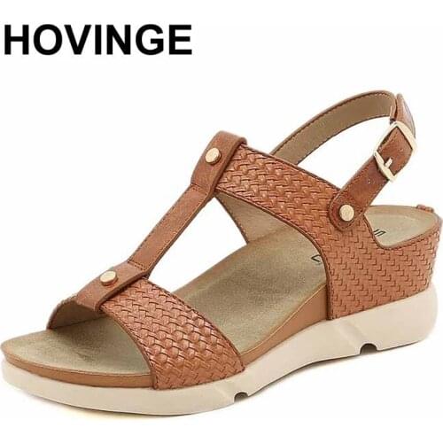 HOVINGE Summer New Women Sandals Fashion Wedge Sandals Buckle Casual Weave Ladies Shoes Female Platform Rome Sandalias