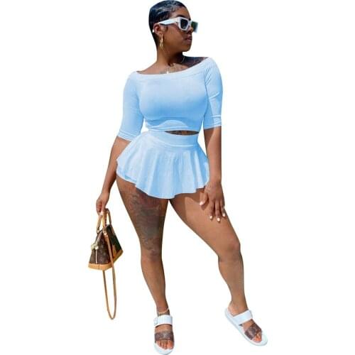Womens Off The Shoulder Five Sleeve Top Solid Color Skirt Shorts Outfit Two Piece Set