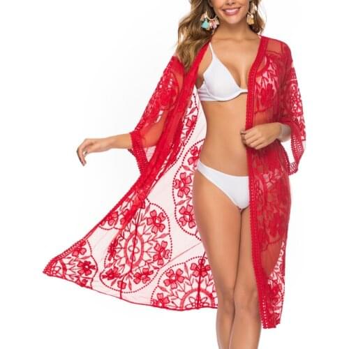 Women Sexy LaceCardigan Beach Long Dress Cover-Ups Sexy Bikini Cover Up Sunscreen Beachwear 2021 Women