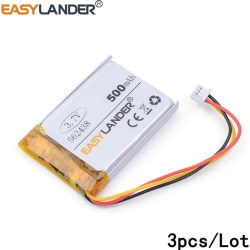 3pcs /Lot 500mAH 562438 3.7v lithium Li ion polymer rechargeable battery for GPS mp3 mp4,cell phone speaker Shome combo A1