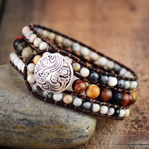 Boho Bracelets Natural Stones Lava Rock Leather Cuff Bracelet Handmade Beaded Statement Bracelet Dropshipping