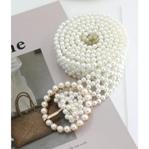 Elegant Buckle Pearl Decorative Wide Belt Dress Elastic Chain Belt Womens Models
