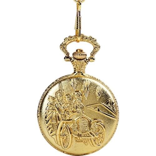 0200Vintage large thick chain gold color classical three villain driving flip pocket watch with necklace