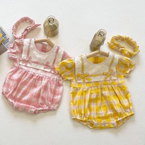 Korean Style Summer Baby Girls Clothes Newborn Baby Girl Bodysuits Lattice Navy Collar Short Sleeve Cotton Infant Baby Jumpsuit