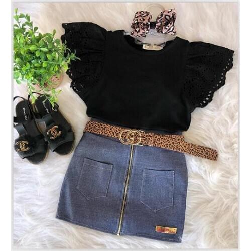 Newborn Baby Girls Clothes Set Fly Sleeve Top and Denim Mini Skirt Outfit Summer Set For Infant 6m-4Years