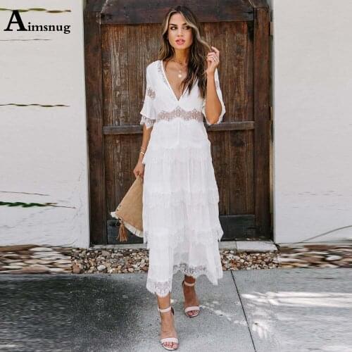 Aimsnug 2021 Summer Ladies Elegant V-neck Party Dress Half Sleeve Patchwork Lace Dresses Plus size Women Mid-Calf Dress Femme