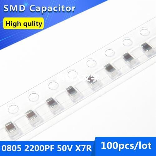 100pcs SMD Thick Film Chip Multilayer Ceramic Capacitor 0805 2.2NF 2200PF 50V X7R 10