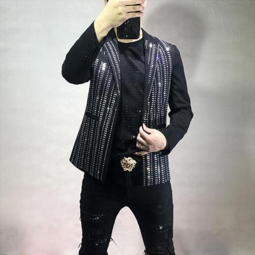 Spring Autumn Brand New Male Striped Diamonds Blazer Gothic Fashion Casual Nightclub Wear Long Sleeve Slim Mens Outerwear Coats