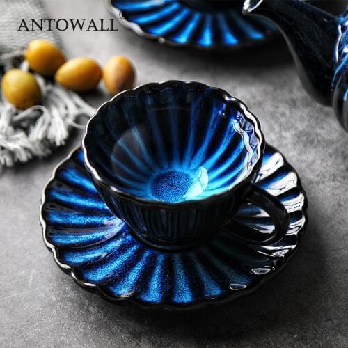 ANTOWALL Kiln Glaze Blue Ceramic 180ml Traditional Chinese Style Blue Personality Coffee Cup and Saucer Set Mug China