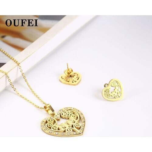 OUFEI Heart Charm Necklace Earrings Set Stainless Steel Jewelry Woman Vogue 2019 Jewelry Accessories Chain bridal jewelry sets