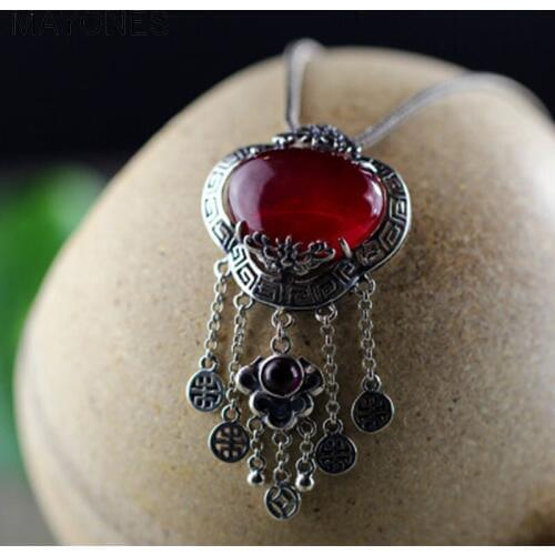 MAYONES Real 925 Sterling Silver Pendant For Women Handmade Tassels Inlaid Natural Red garnet Bijoux Femme