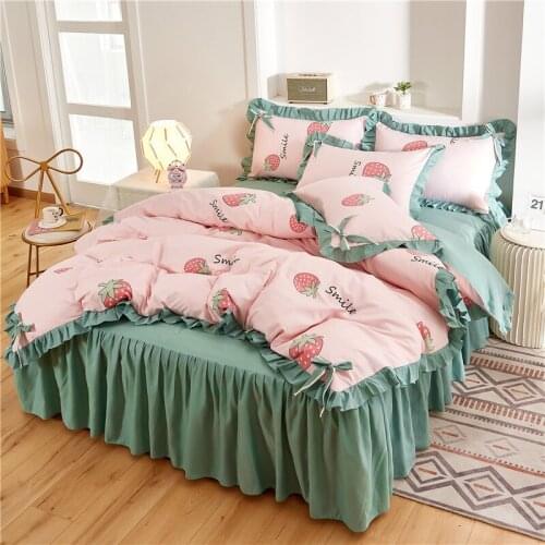 Strawberry Pink Kawaii Korean Of Double Skirt Bedding Duvet Cover Comfortable Thick Pillowcase Large Lace Cover 4-piece Set