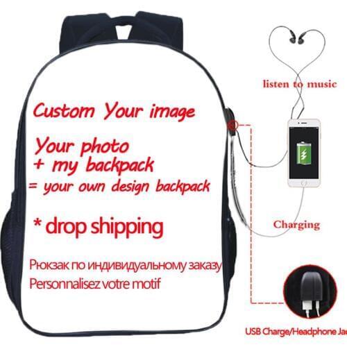 Drop shipping Customized Your image Custom pattern USB Charge Students Boys Girls School Bags Laptop Backpack