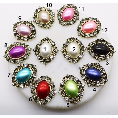 LKERAN 10Pcs 26*32mm Bronze Metal Pearl Buttons Flatback Flower Rhinestones Button For Wedding Embellishment Decoration Button