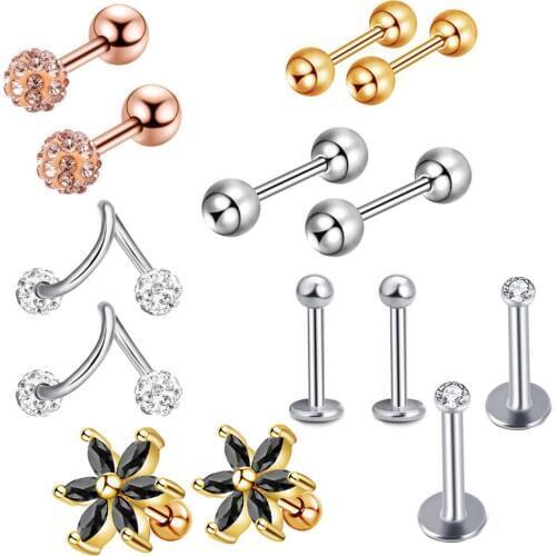 10Set Mix Style Stainless Steel Ear Stud Tragus Earrings Barbell Cartilage Nose Lip Labret Rings Helix Piercing Body Jewelry